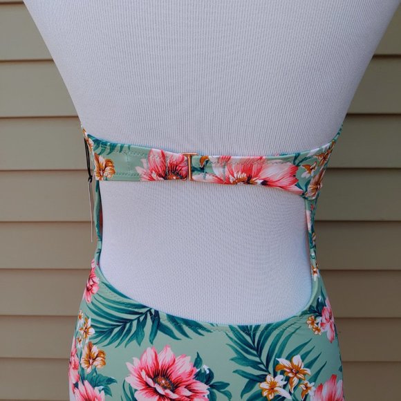 Shade & Shore One-Piece Bikini Green Floral Print NWT Underboob Cut-Out - Picture 10 of 14